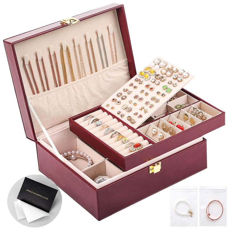 Sanikeon Jewelry Boxes for Women girls PU Leather Jewelry Organizer Box 2 Layer Large Jewelry Storage case Removable Tray for Necklace Earring Ring with Polishing cloth and Jewelry Bags